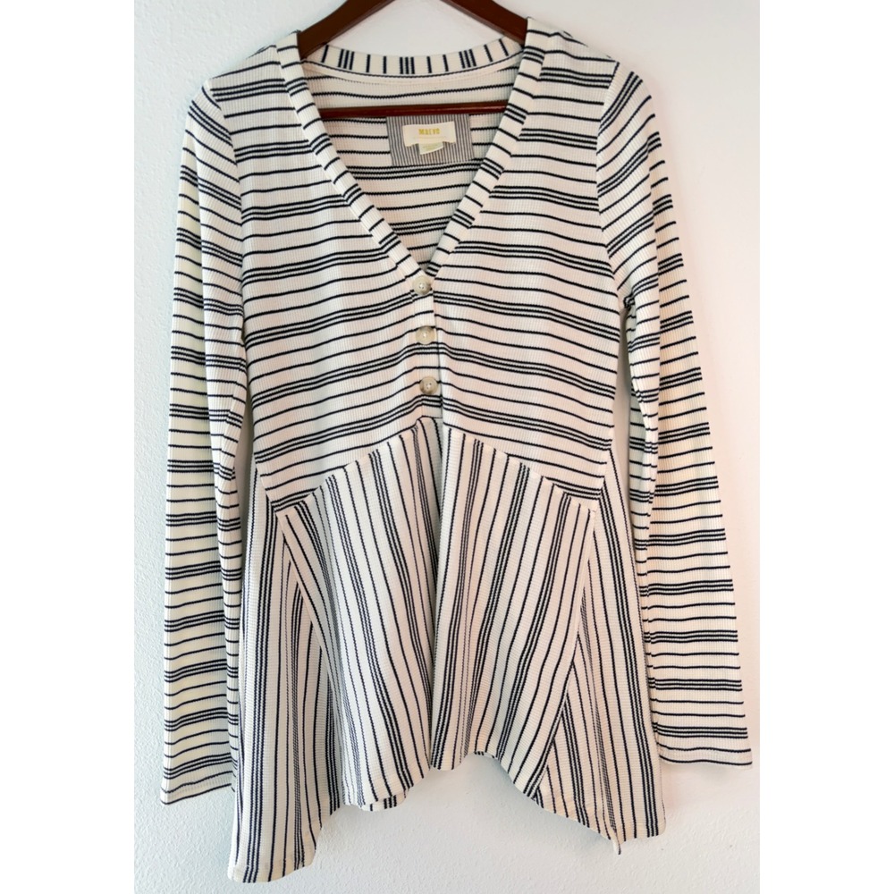 Maeve Anthropologie Striped Henley Tunic Top Asymmetric Hem Navy Blue White Boho